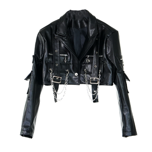 VE2 暗黑先锋结构设计短款PU皮夹克外套男女朋克亚比舞台演出马甲