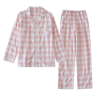 经典格子日系睡衣女精梳棉色纺纱双层全棉情侣家居服春秋男士大码