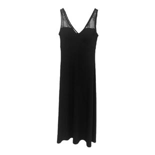 红馆秋冷艳收腰包臀吊带裙V领法式连衣裙无袖长裙蕾丝拼接小黑裙