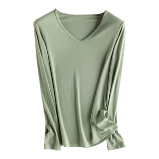 桑蚕丝罗纹长袖T恤女2025新款宽松显瘦简约百搭上衣纯色打底衫