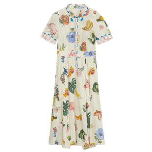 谜底原创印花连衣裙年夏新品田园风苎麻中长裙短袖242ML0547