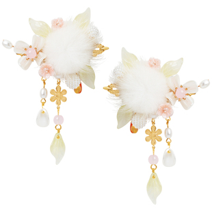 水貂毛球发夹儿童古风汉服头饰中国风超仙女童古装宝宝流苏对夹