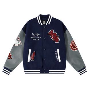 404MOB泽西风美式拼接PU棒球服外套男秋冬复古学院情侣夹克上衣女