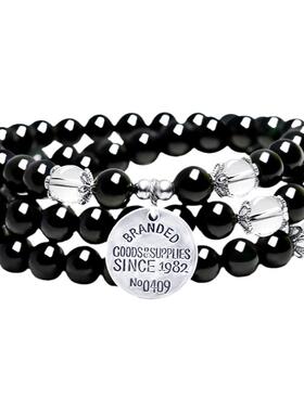 天然黑曜石三圈手链纯银字母牌