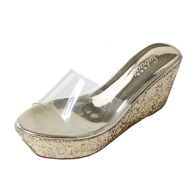 2023夏季新款透明坡跟亮片松糕鞋