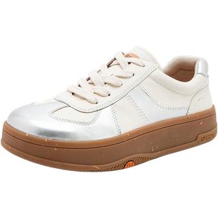 Bata木作训鞋女秋新款牛皮鱼骨拼色训厚底板鞋AGU23CM4