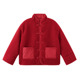 左西男童羊羔绒外套棉衣服棉袄儿童红色拜年服2026新款秋冬季夹棉