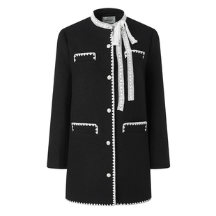 Eimismosol2026新款小香风毛呢外套女中长撞色花边宽松保暖