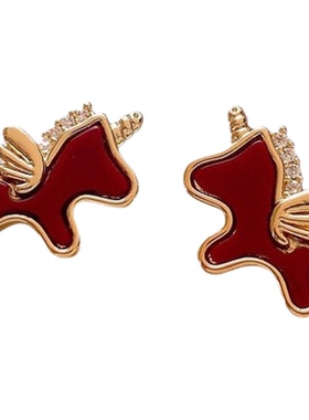 复古酒红色微镶小马吊坠耳环项链女高级感轻奢小众长款毛衣链饰品