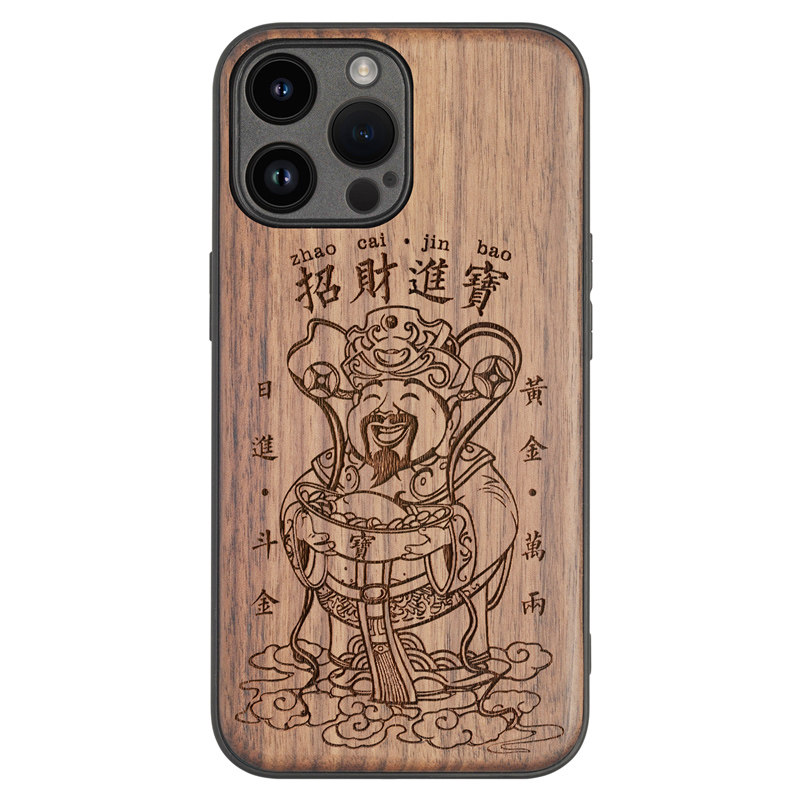适用于iphone17国潮木质手机壳16P苹果15财神爷14ProMax实木保护套13Mini中国风招财进宝12Pro全