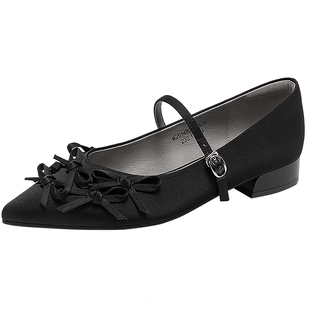 MIO米奥女鞋春夏尖头低跟玛丽珍气质芭蕾风蝴蝶结一字带质感单鞋