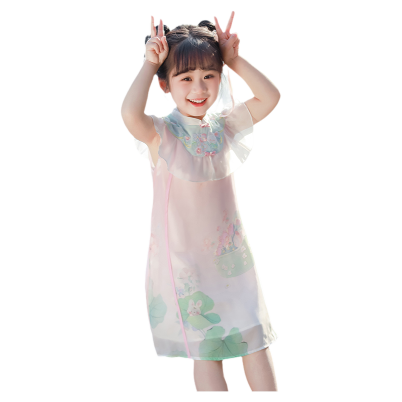 汪小荷童装夏季新款女童改良旗袍薄款儿童雪纺无袖连衣裙