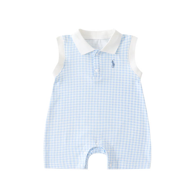 男童POLO领连体衣格子无袖爬服