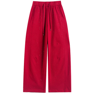 红色弯刀阔腿裤子女抽绳宽松显瘦百搭直筒香蕉裤满天星亮片休闲裤