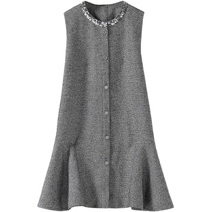 小香风毛呢背心裙亮片圆领荷叶摆A字显瘦连衣裙 2025秋冬新款女装