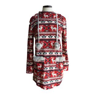 日韩风麋鹿横条纹暗红色毛边连帽毛球中长款针织衫上衣