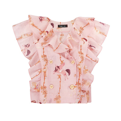 JUNGLE ME夏季虾粉色荷叶边女士短上衣浪漫复古旋转木马印花小衫