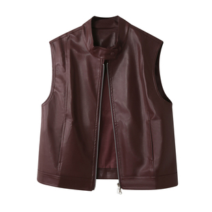 欧货老钱风pu皮衣机车服马甲背心女秋季显瘦叠穿夹克坎肩马夹外套
