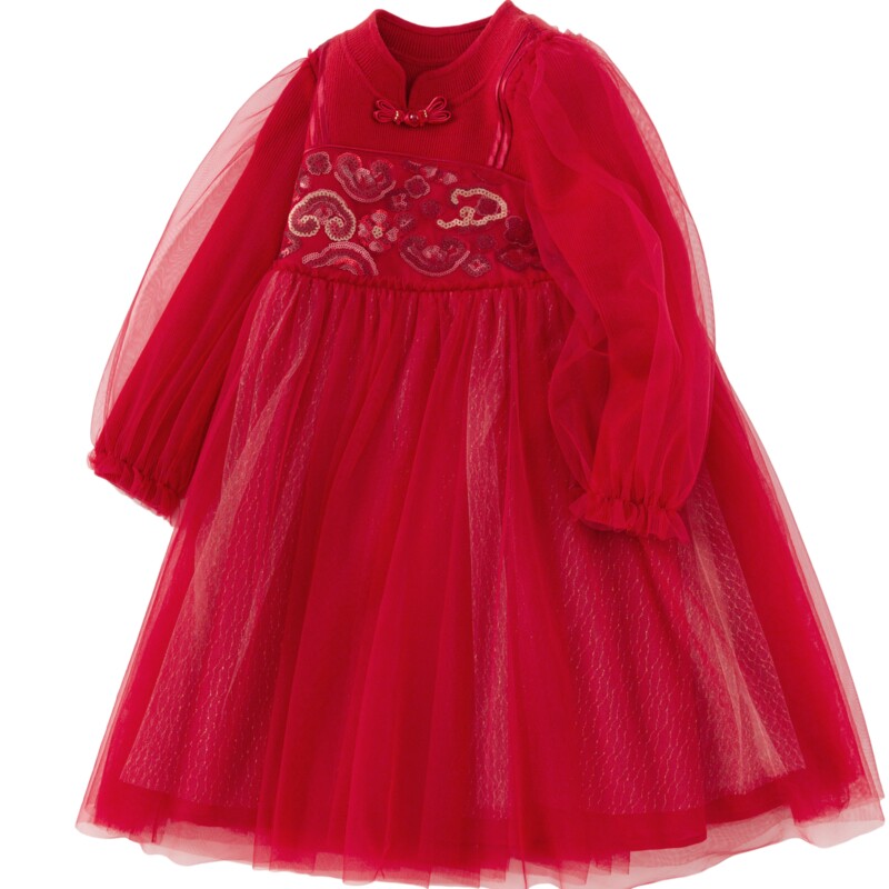 巴拉巴拉女童连衣裙中大童宝宝红色拜年国风裙子春秋款童装儿童潮
