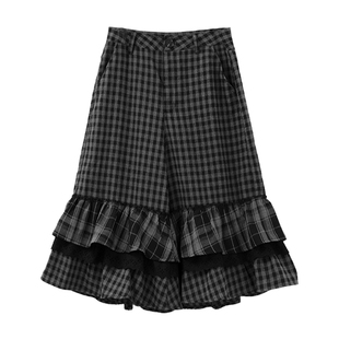 innomoood 乌云格纹磨毛七分裤荷叶边层次拼接花边中裤A型阔腿裤