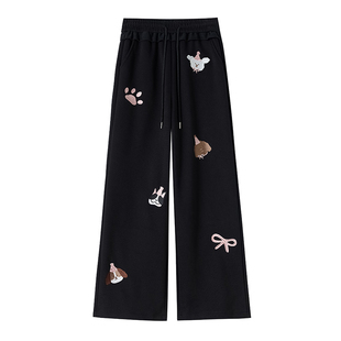 胖女童可爱卡通绣花阔腿裤女大童秋冬加绒高腰深裆宽松直筒长裤潮