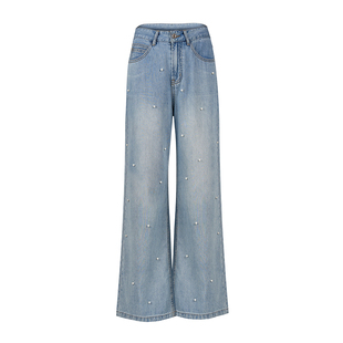 Kroche 柔软天丝 浪漫氛围 立体珍珠高腰直筒牛仔裤