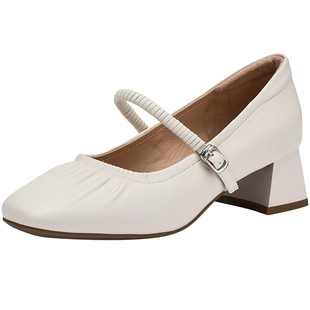 热风粗跟浅口单鞋女鞋2025年秋季新款女士同期方头小皮鞋配裙子