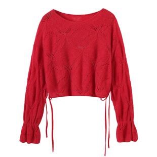 SNIDEL秋冬款圆领甜美镂空系带针织衫毛衣上衣SWNT245302