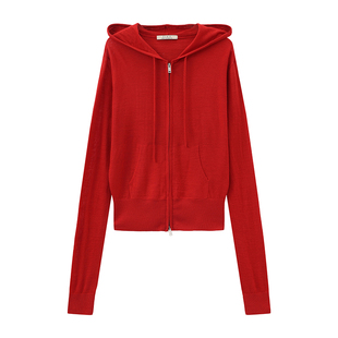 CUBIC经典羊毛混纺纯色春款微弹修身拉链连帽针织衫开衫