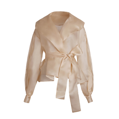 蝉翼后构想杏色长袖真丝缎上衣