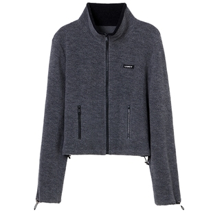 【羊毛】LANCY/朗姿2025冬新款休闲针织短外套女翻领拼色抽绳上衣