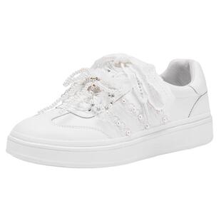 热风百搭小白鞋女款2025年冬季新款珍珠平底板鞋轻便休闲鞋德训鞋