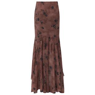 COCOBELLA新中式花卉印花雪纺半身裙女裹身鱼尾裙长裙HS7055-2