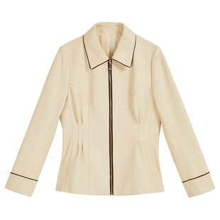 YINER音儿专选2025秋季新款法式撞色领边拉链绵羊真皮皮衣夹克