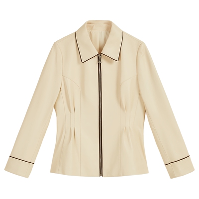 YINER音儿专选女装秋季法式撞色领边拉链绵羊真皮皮衣夹克