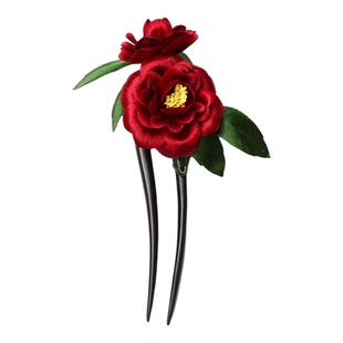 繁花入梦 手工非遗绒花发簪红色山茶花木U钗新娘结婚头饰汉服发饰