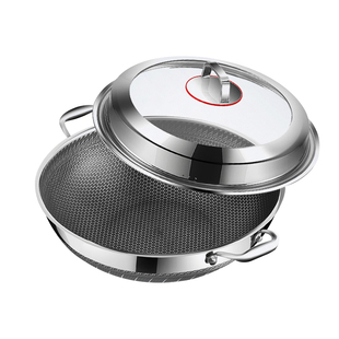 浙江永康炒锅双耳316加厚304家用蜂窝不粘平底电磁炉不锈钢锅具