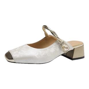 品牌断码真皮国风绣花绿色凉拖鞋女2025夏季新款粗跟包头时尚凉鞋