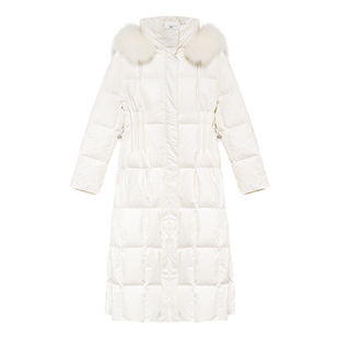 贰羊设计【云舒】90白鸭绒白色气质羽绒服女连帽收腰过膝长款外套
