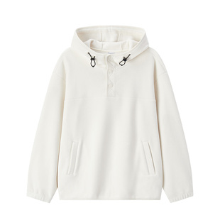 森马卫衣男摇粒绒2025冬季新款半开襟连帽加绒宽松简约白色上衣