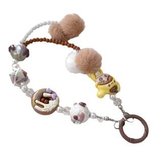 毛绒双链手机链手腕挂绳链条腕带可爱串珠手链挂饰防偷防丢钥匙扣挂链挂件秋冬新款女万能创意电话绳卡片贴片