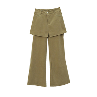 秋冬季新长裤微喇叭裤女加绒加厚高腰屁帘假两件短裙拖地裤子宽松