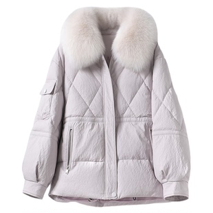 羽绒服女短款韩版宽松狐狸毛领小个子2026年新款真皮外套女白鸭绒