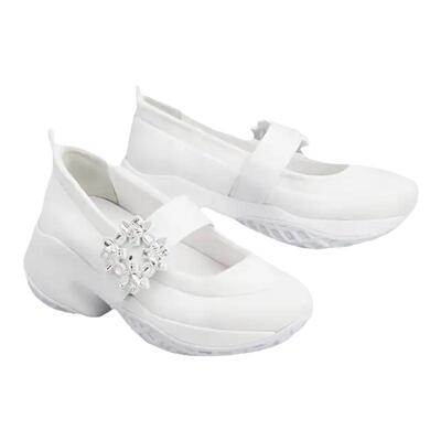 Roger Vivier女鞋皮革扣带闪钻饰扣科技织物白色休闲芭蕾舞鞋