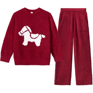半边绒亲子装家居服红色马年本命年2026冬季一家三口母女母子睡衣