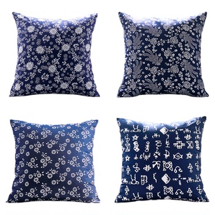 加厚民族风复古中式青花靠背沙发抱枕套仿蜡染蓝印花布纯棉大靠垫