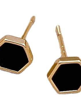 复古做旧黑金六角耳钉女文艺时尚百搭六边形黑色耳环简约精致耳饰