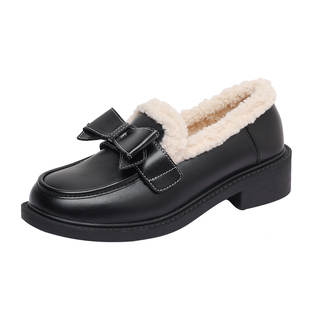 牛皮款~大码41平底乐福鞋女款冬季加绒百搭黑色棉鞋英伦风小皮鞋