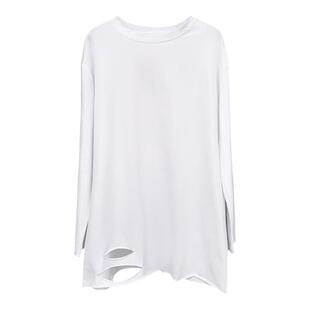 t恤女长袖打底中长款纯白内搭下破洞单穿上衣百搭t恤棉质加绒德绒