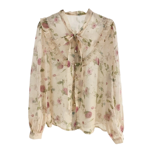 温柔风碎花雪纺衫减龄泡泡袖蝴蝶结衬衫女春季设计感气质小衫上衣